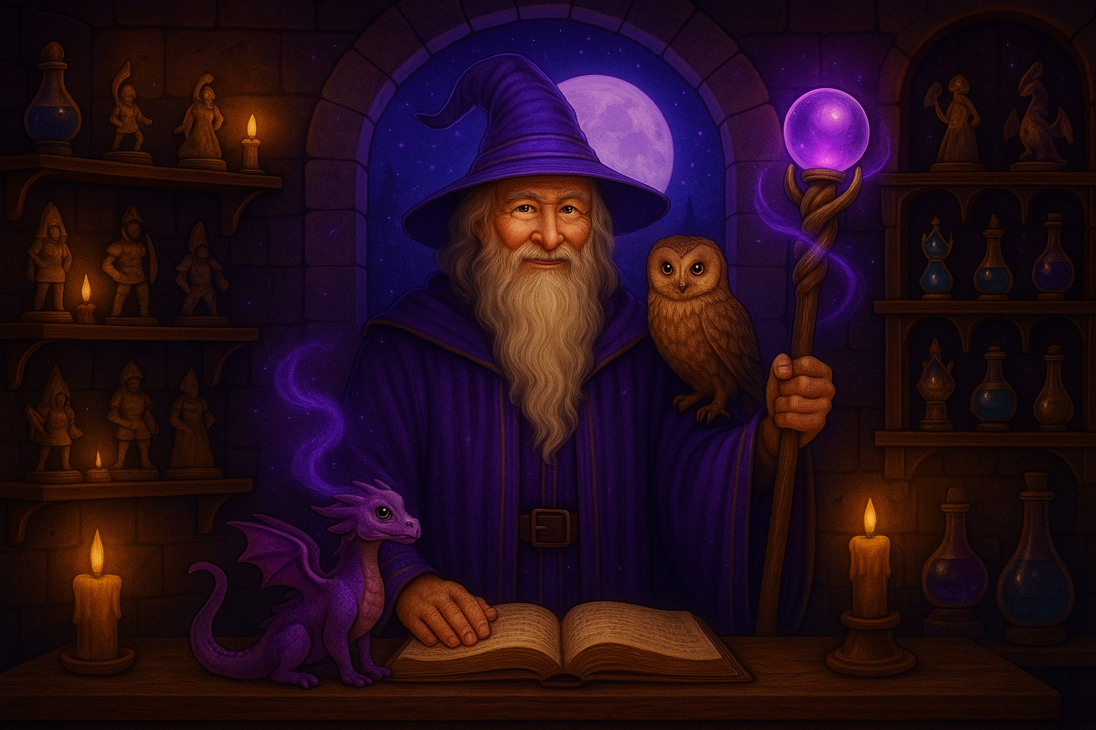 Wizard in a purple robe with a dragon and owl, holding a staff with a glowing orb, in a magical room.